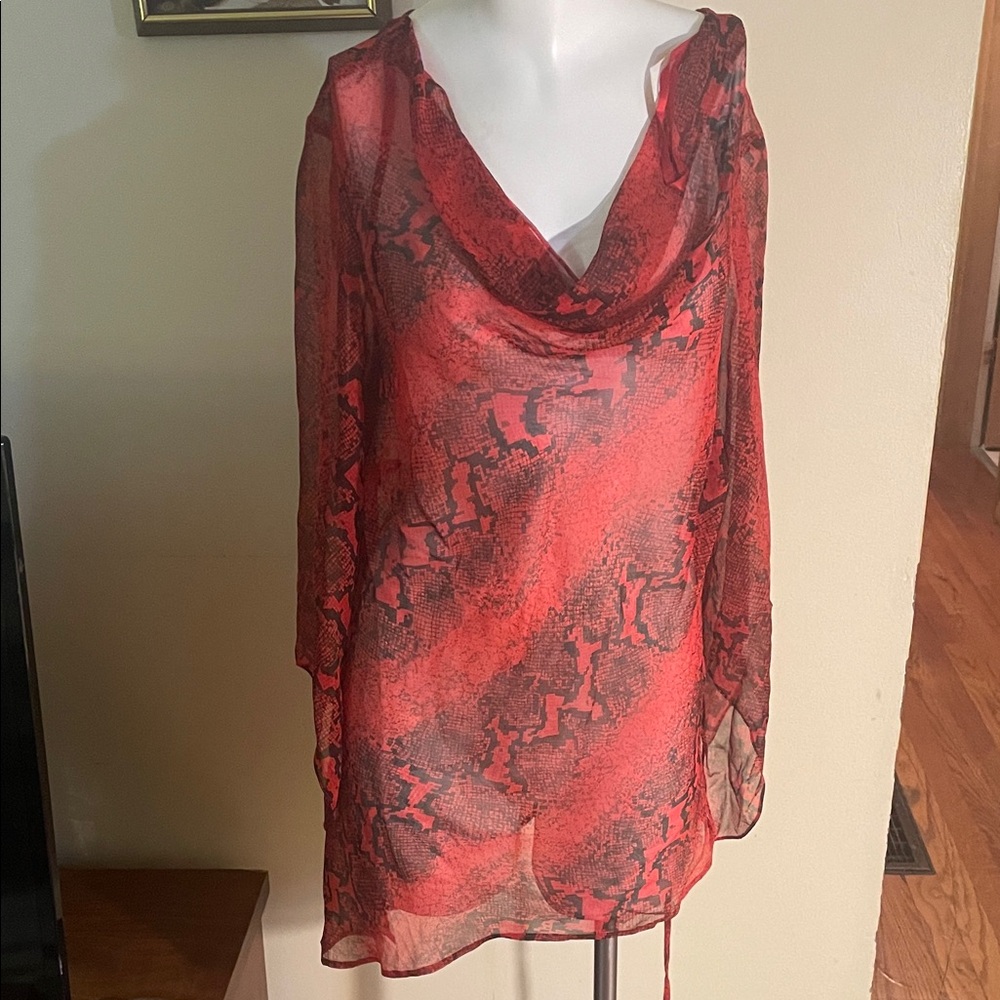 Carole Little Silk Red and Black Snake Print Sheer Asymmetrical Blouse